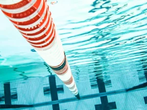 An image of red and white lane lines and a black target line in a competition swimming pool.